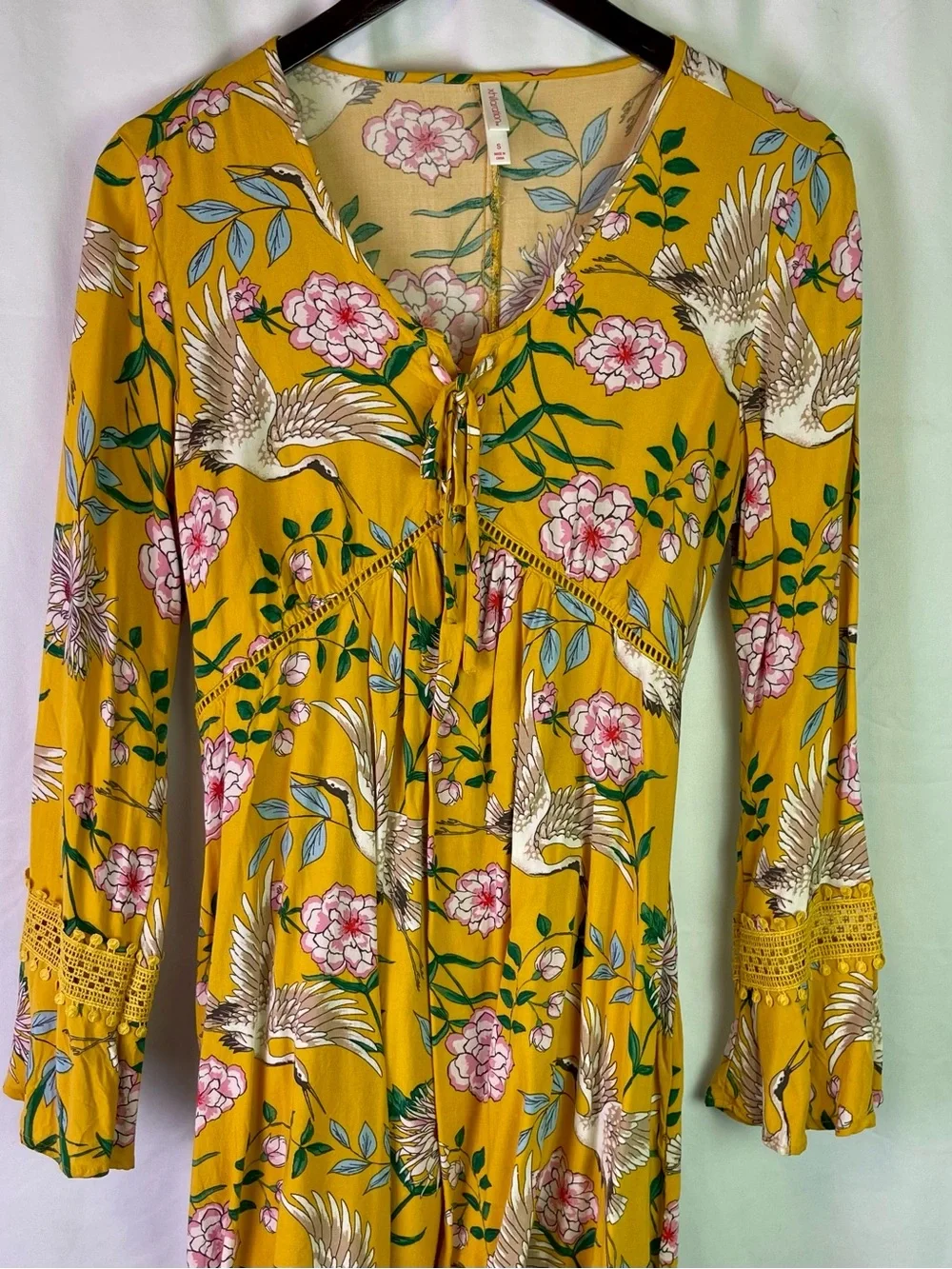Xhilaration Yellow Boho Mini Dress with Pink Flowers & Cranes Size Small - Picture 1 of 15